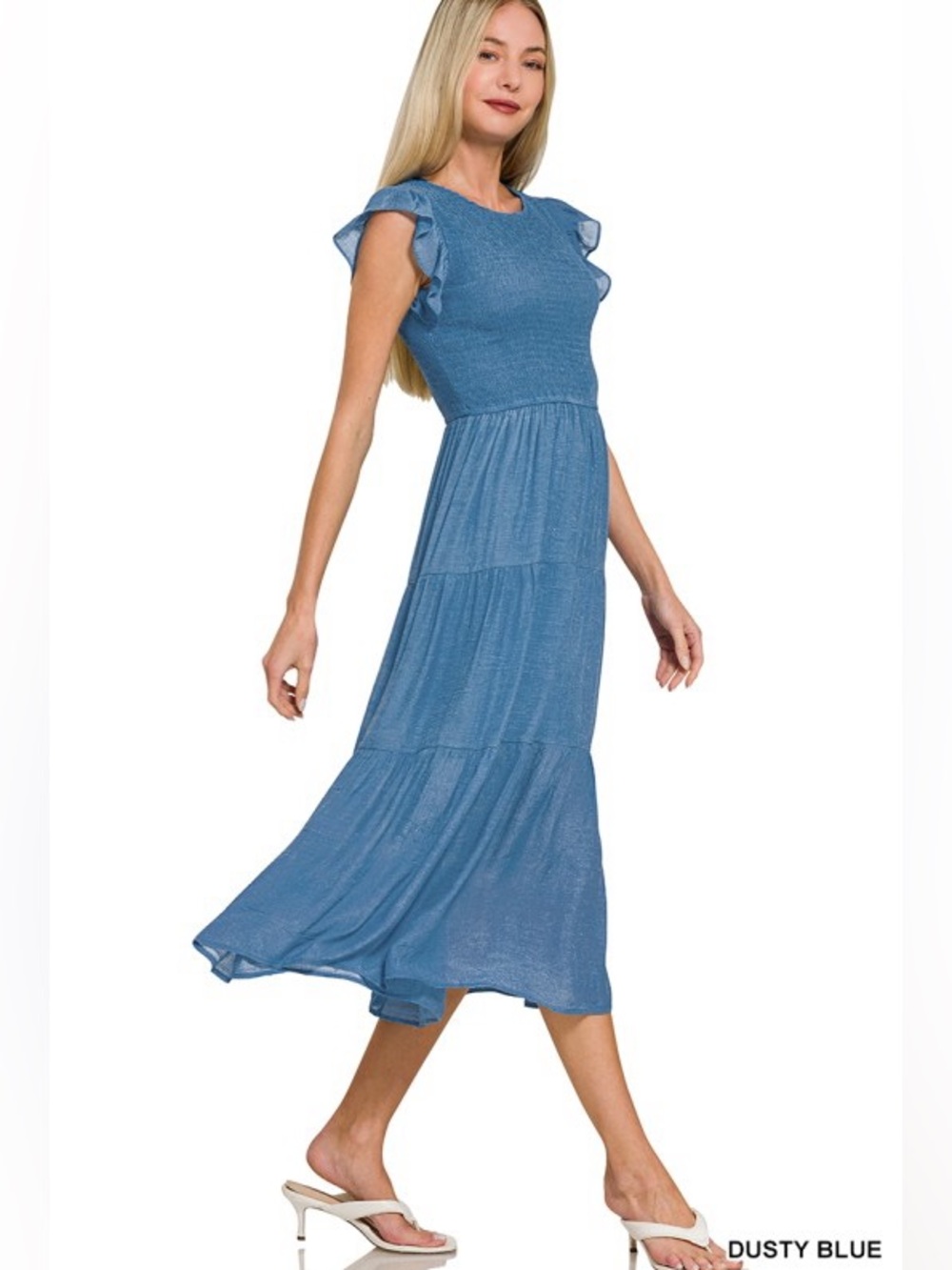 Zenana Outfitters Dusty Blue Tiered Midi Dress